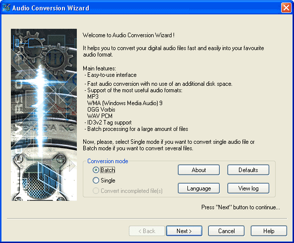 Converter supporting MP3,OGG,WMA 9 and WAV with ID3v2 Tag copying and creation.